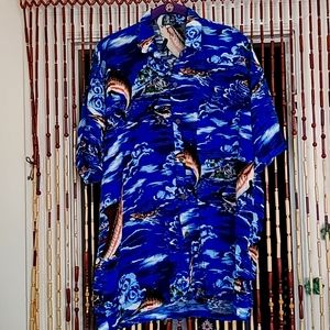 Vintage TIKI JAKE Hawaiian shirt marlin/Mahi Mahi fish/ocean/island Men's Large